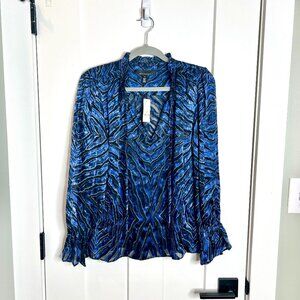 WHBM Blue Black Silk Blend Velvet Burnout Zebra Print Tasseled Sheer Top M NWT